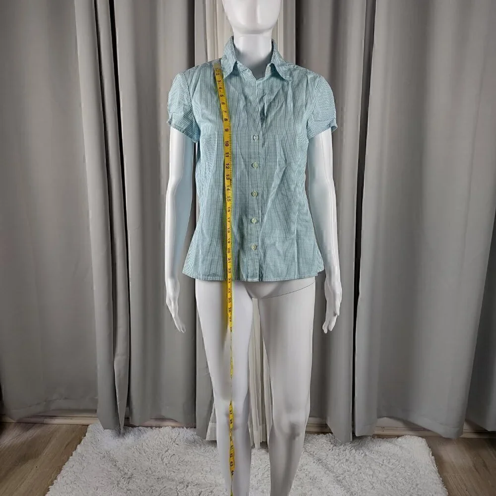 Ann Taylor 100% Cotton Blue White Checkered Short Sleeve Button Down Shirt Sz S - Picture 5 of 10